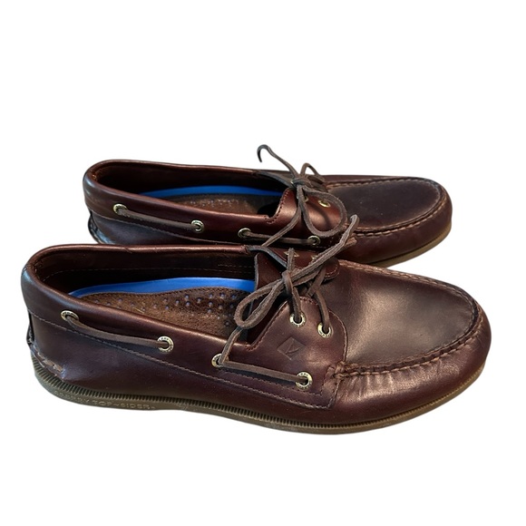 Sperry Topsiders EUC Brown Leather Boat shoes, gold trim, men's